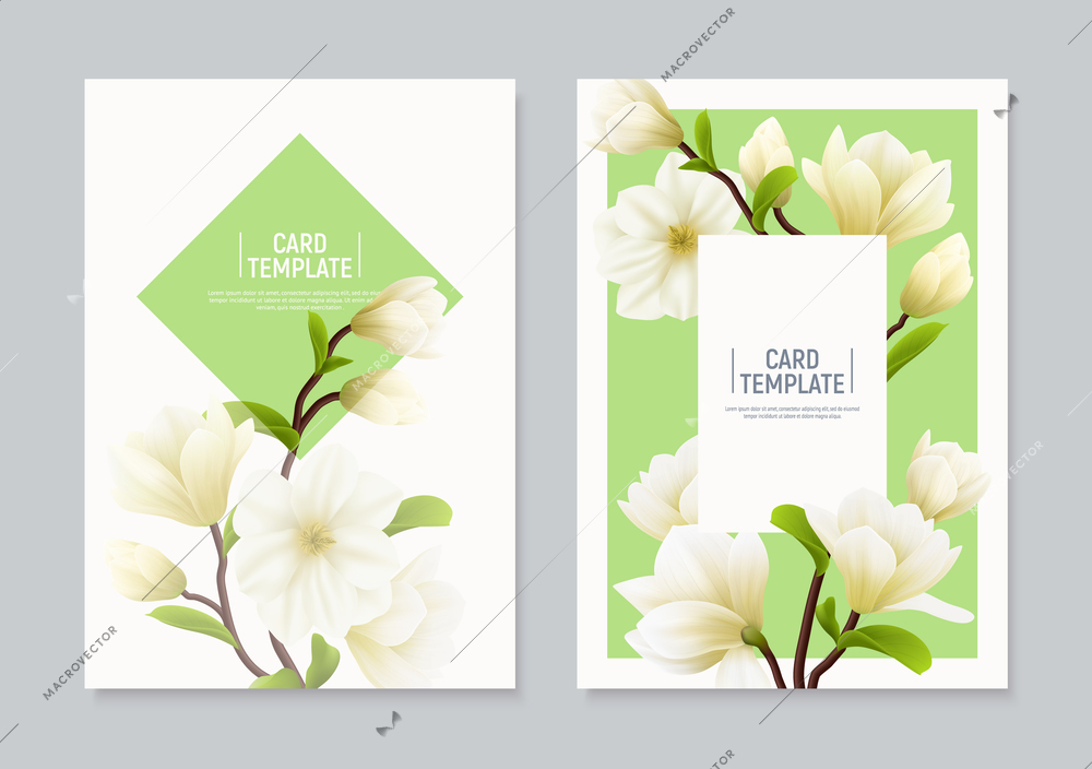 Two vertical colored realistic magnolia flower banner or flyer set with places for text and headline vector illustration