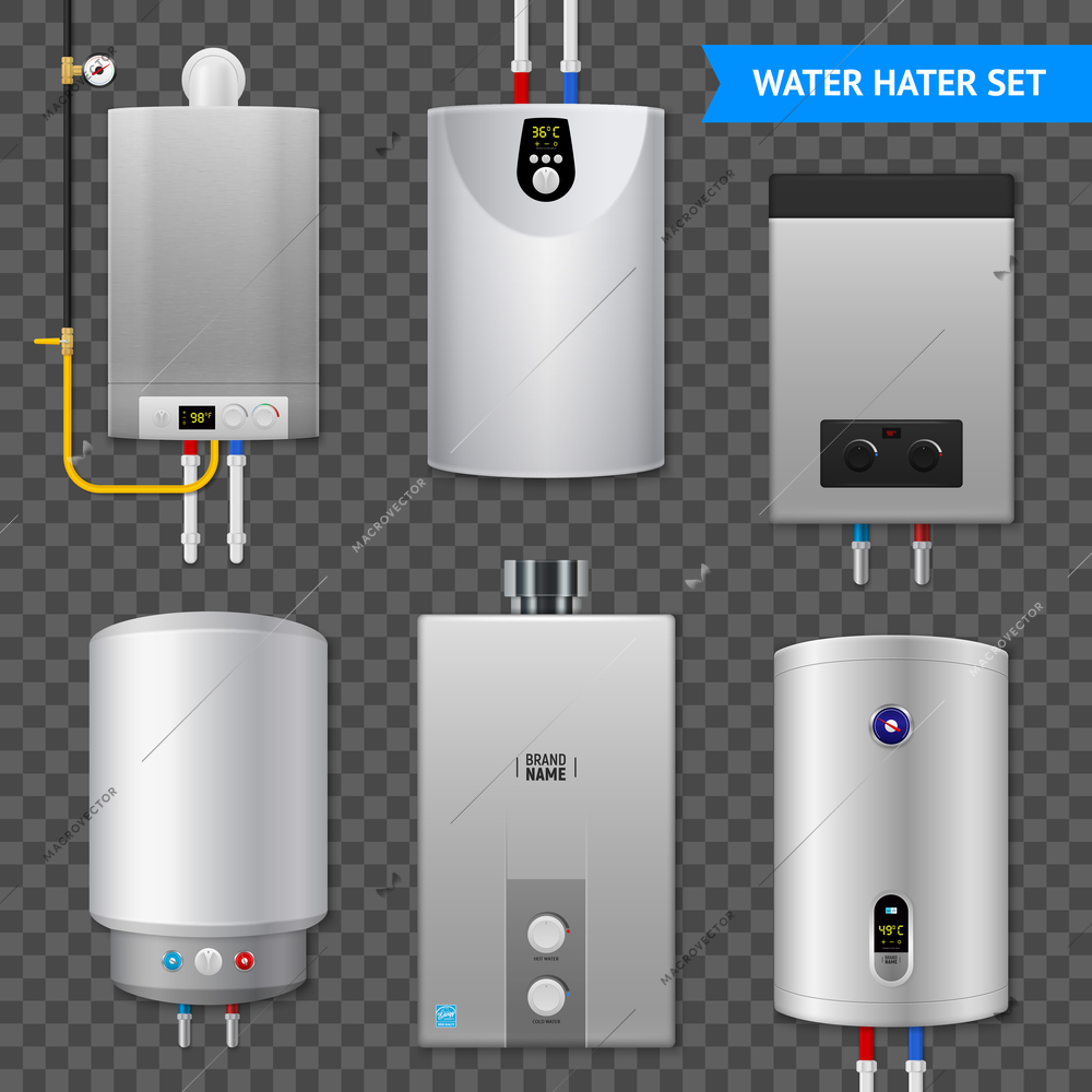 Realistic electric water heater boiler transparent icon set with isolated elements on transparent background vector illustration