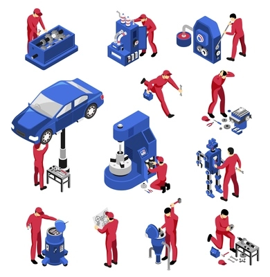 Isometric mechanic professional set of isolated machinery devices special equipment for automobile repair with workers vector illustration