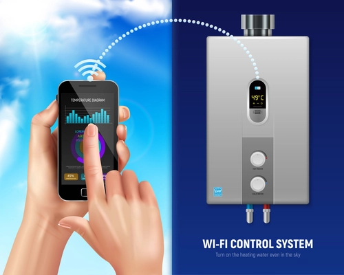Colored realistic water heater smart banner smartphone and water heater with wifi in smart home vector illustration