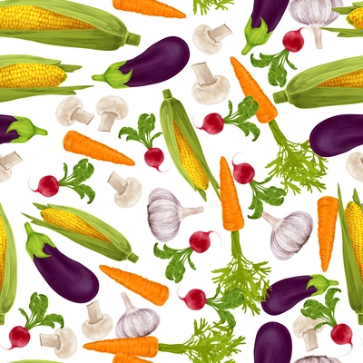 Vegetable organic food realistic seamless pattern with garlic maize carrot vector illustration