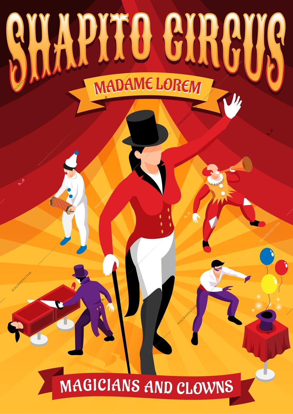 Circus professions isometric concept banner with magicians and clowns during performance on red yellow background vector illustration