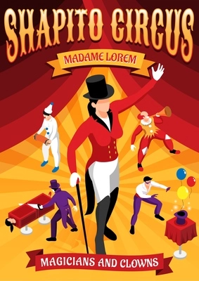 Circus professions isometric concept banner with magicians and clowns during performance on red yellow background vector illustration