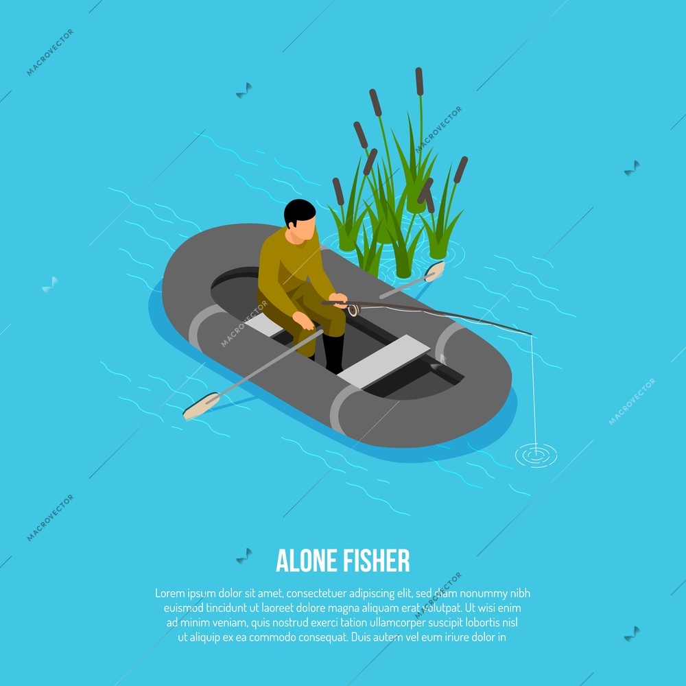 Fisherman with tackle during catching in rubber boat near reeds on blue background isometric vector illustration