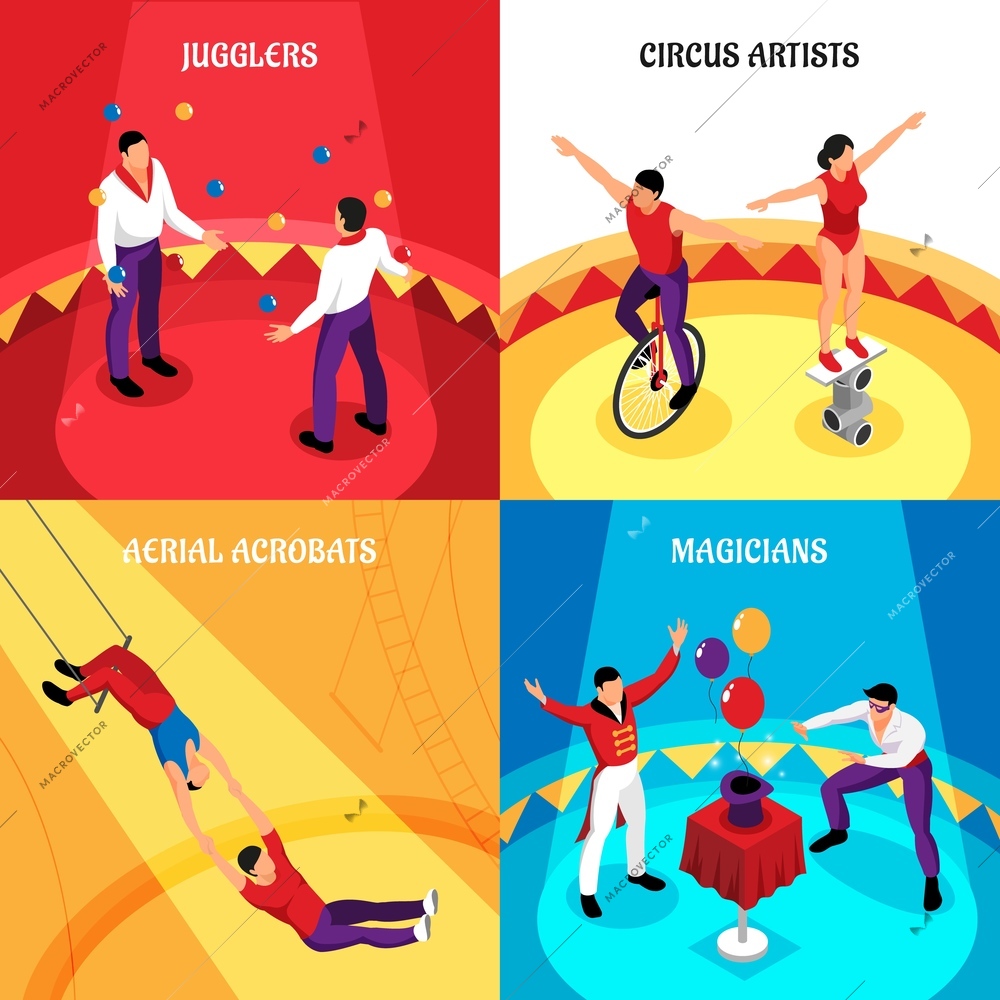 Circus professions jugglers cirque artists air acrobats and magicians isometric design concept isolated vector illustration