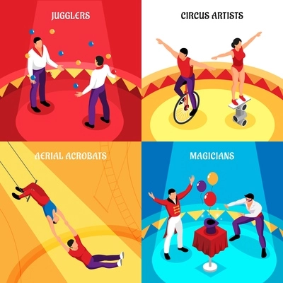 Circus professions jugglers cirque artists air acrobats and magicians isometric design concept isolated vector illustration