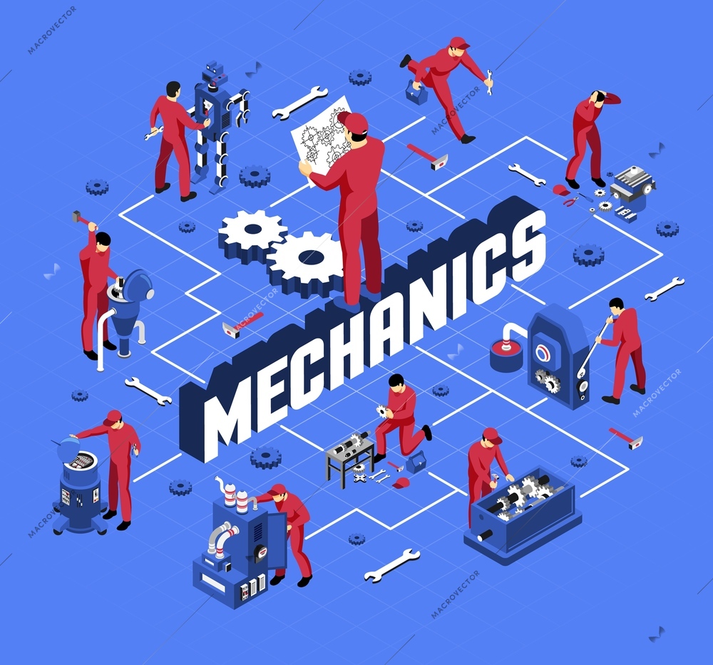Mechanic with professional equipment and tools during work isometric flowchart on blue background vector illustration