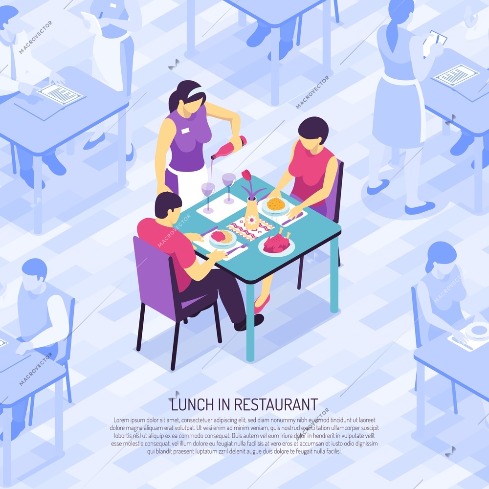 Restaurant waiter bottling wine in glasses during lunch of customers isometric vector illustration