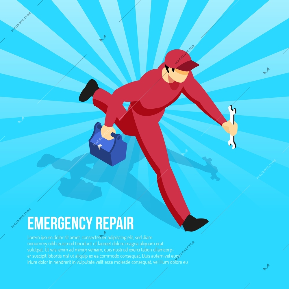 Mechanic in uniform with tools hurrying to perform emergency repair on blue radial background isometric vector illustration