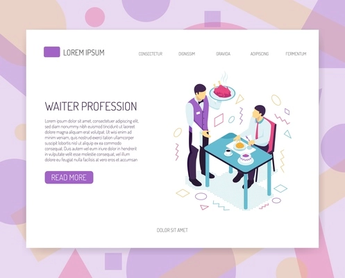 Restaurant waiter with dish during customer service isometric web banner with interface elements vector illustration
