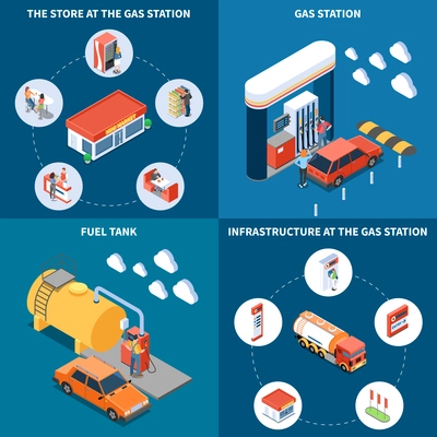 Gas station with infrastructure objects including fuel tank and store isometric design concept isolated vector illustration