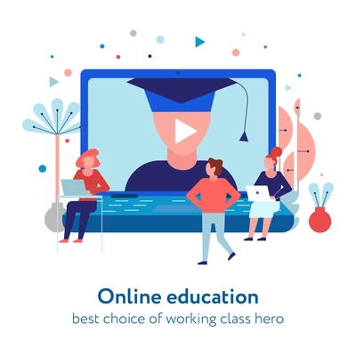 Online education certified program tutorial video flat composition with student in graduate cap on laptop screen vector illustration