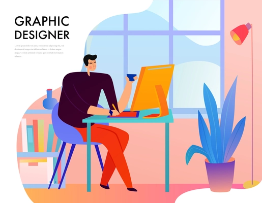 Graphic designer during creative work behind desk with computer on window background flat vector illustration