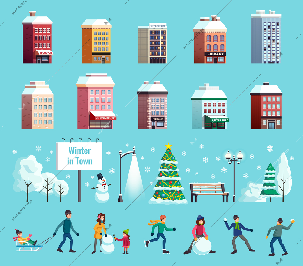 Winter city landscape features buildings lanterns christmas tree snowman sledge skater snowball fight icons collection vector illustration