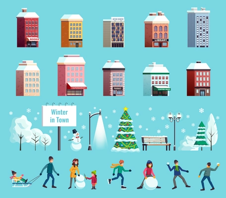 Winter city landscape features buildings lanterns christmas tree snowman sledge skater snowball fight icons collection vector illustration