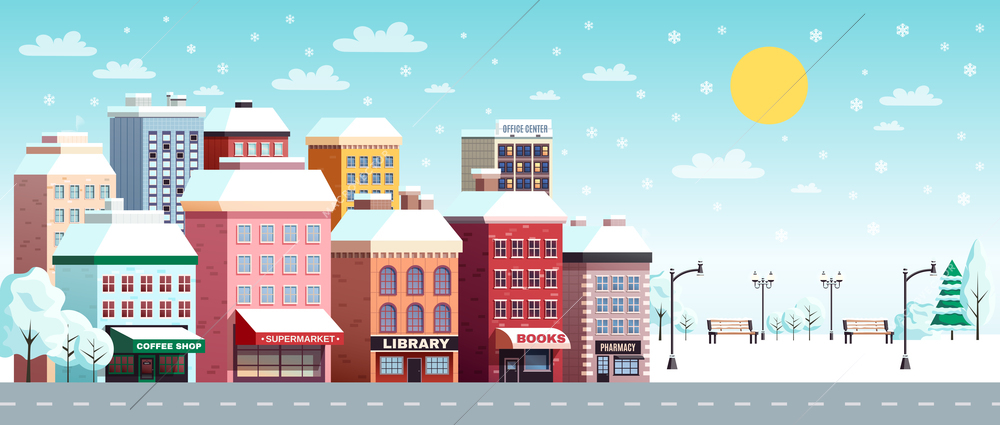 Winter city street flat horizontal banner with coffee shop library bookstore buildings snowy landscape sun vector illustration