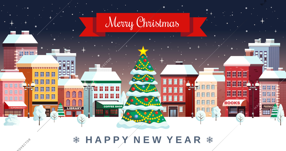 Christmas night festive snowy city center with decorated fir tree happy new year greeting card vector illustration