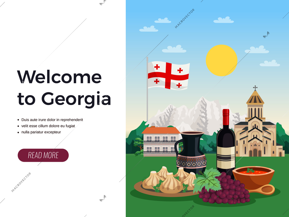 Welcome to georgia travel agency flat web page design with national flag food wine landmarks vector illustration