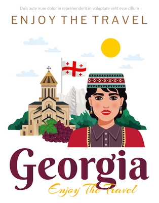 Georgia travel agency tourists guide flat advertisement invitation poster with national flag grape landmarks clothing vector illustration