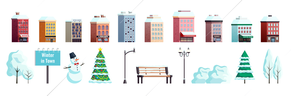 Winter city flat outdoor elements collection with houses christmas fir tree lanterns bench snowman isolated vector illustration