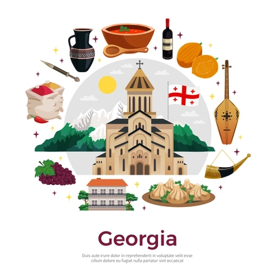 Georgia for tourists flat round composition poster with mountains landmarks musical instruments wine spices dishes vector illustration