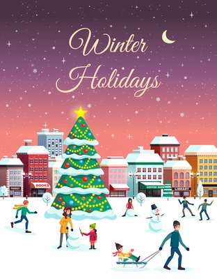 Winter holidays festive invitation poster greeting card with snowy city center landscape christmas tree houses people vector illustration