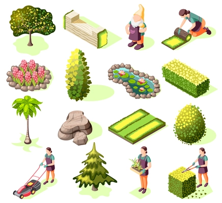 Landscaping set of isometric icons with design elements green lawn trees and bushes isolated vector illustration