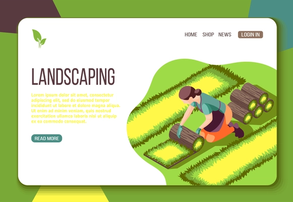 Landscaping isometric web landing page with laying lawn and interface elements vector illustration