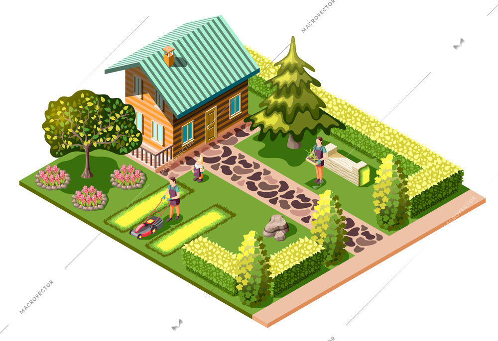 Landscaping isometric composition with residential house and maintenance of garden mowing lawn care about plants vector illustration