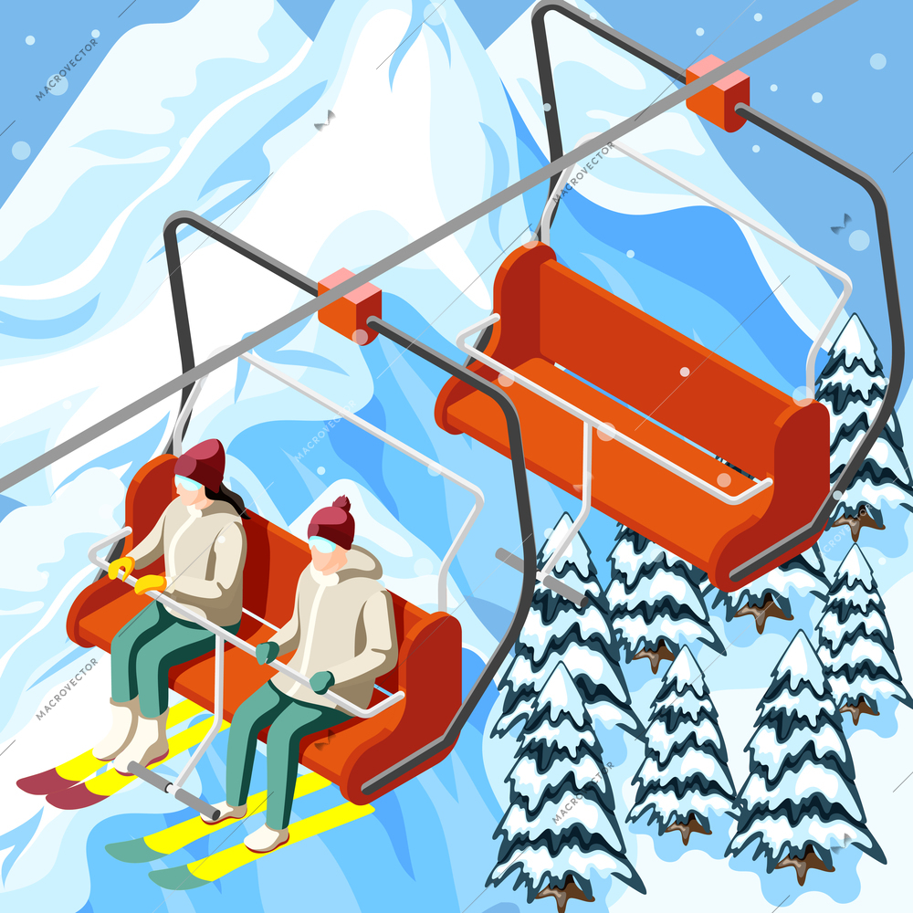 Skiers with sports equipment on funicular of ski resort on mountain background with spruces isometric vector illustration