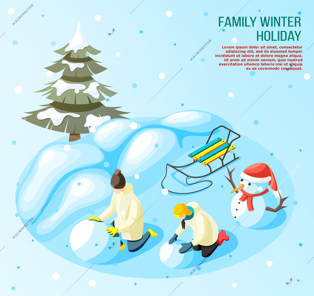 Kids during game in snow ball outdoors in winter holidays isometric composition on blue background vector illustration