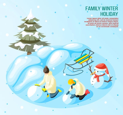 Kids during game in snow ball outdoors in winter holidays isometric composition on blue background vector illustration