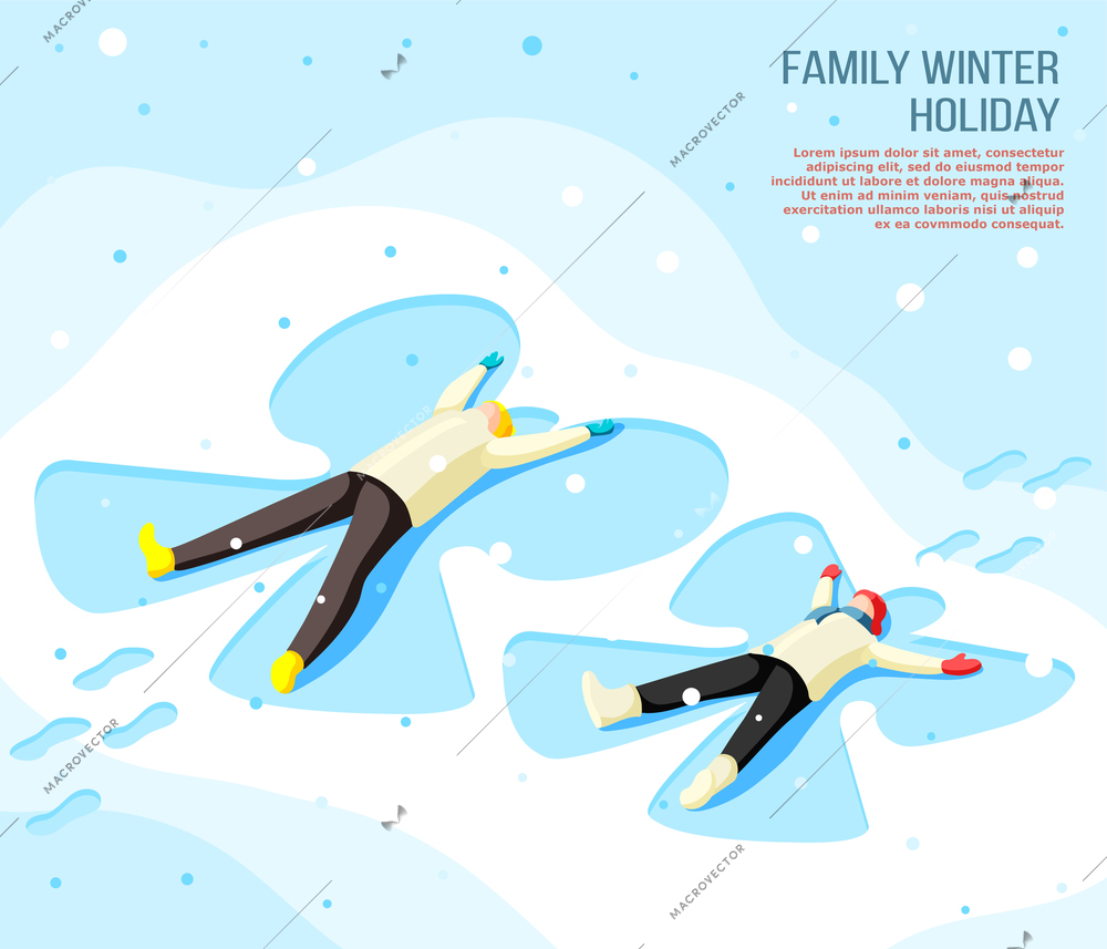 Family father and son making drawing of butterfly on snow during winter holiday isometric background vector illustration