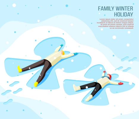 Family father and son making drawing of butterfly on snow during winter holiday isometric background vector illustration