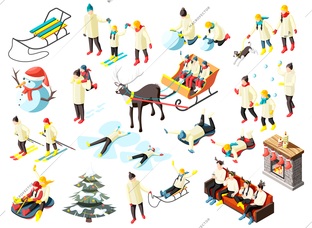 Family in various activity during winter holidays set of isometric icons isolated vector illustration