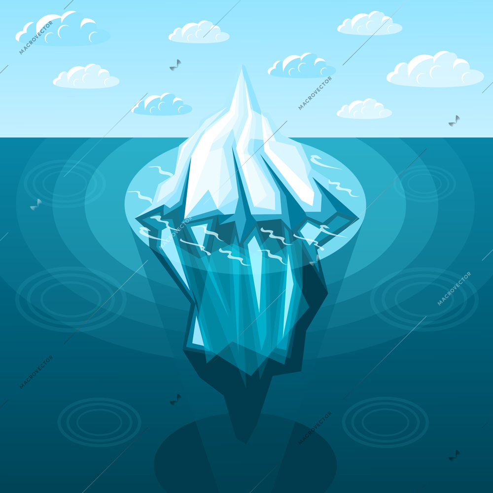 Winter landscaping iceberg with pointed top and reflection on background of sky and sea isometric vector illustration