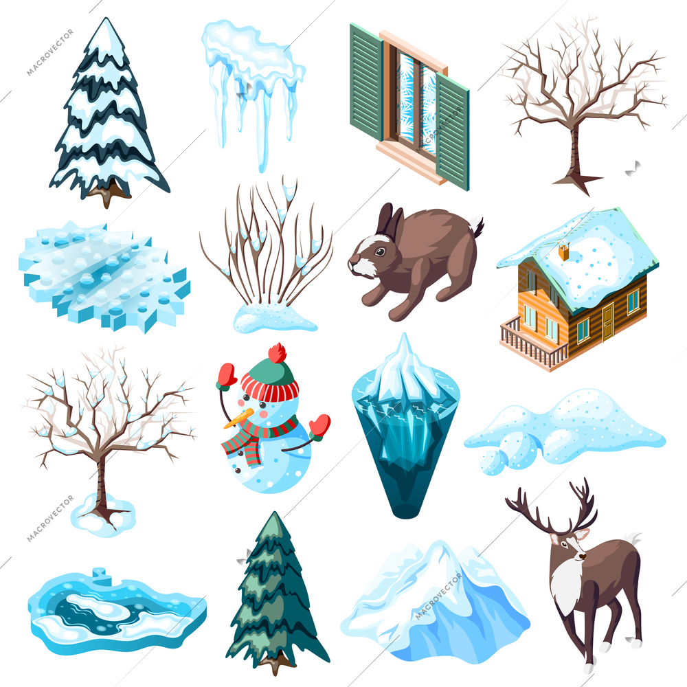 Winter landscaping set of isometric icons with animals bare trees and bushes frozen lake isolated vector illustration