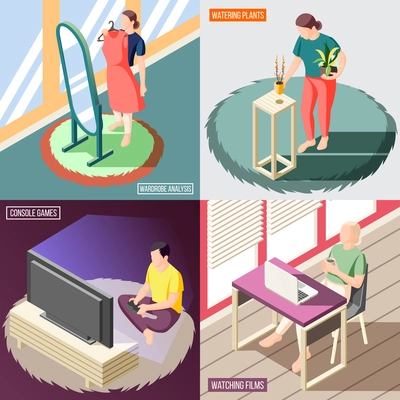 Weekend at home isometric concept people during wardrobe analysis watering plants watching films games isolated vector illustration