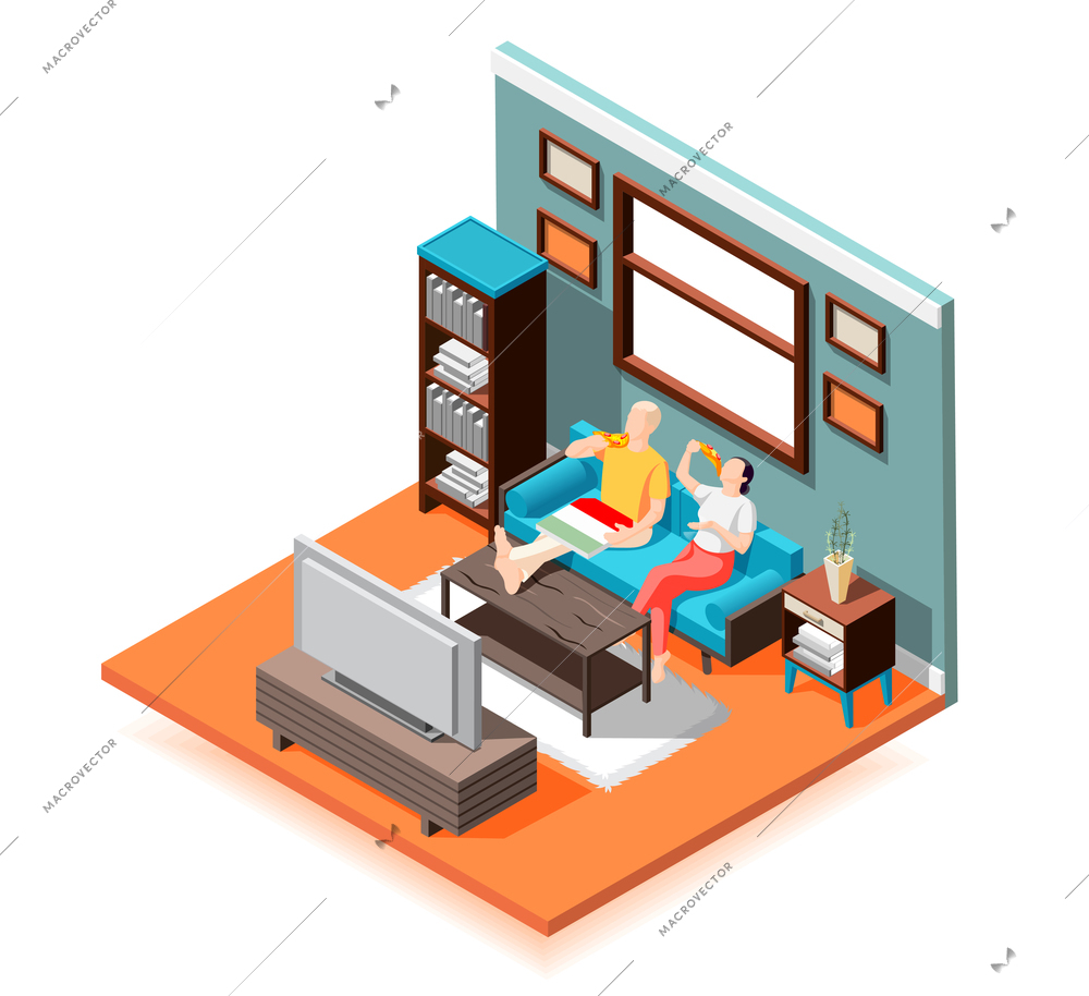 Weekend at home isometric composition couple on sofa during eating delivered pizza before tv vector illustration