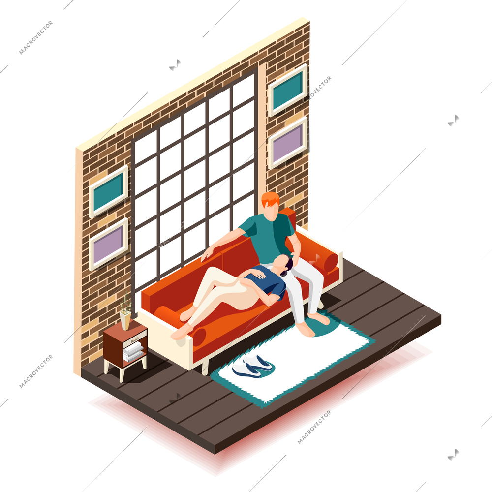 Home rest weekend isometric composition wife and husband on sofa during leisure near big window vector illustration