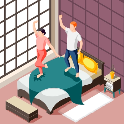 People during morning physical exercises on bed at home in weekend isometric vector illustration