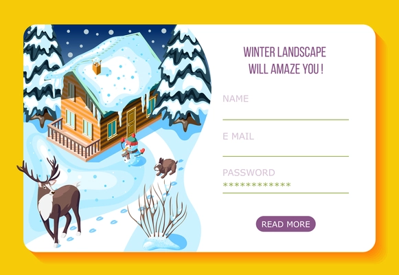 Winter landscaping wooden house and  trees in snow isometric web landing page with user account vector illustration