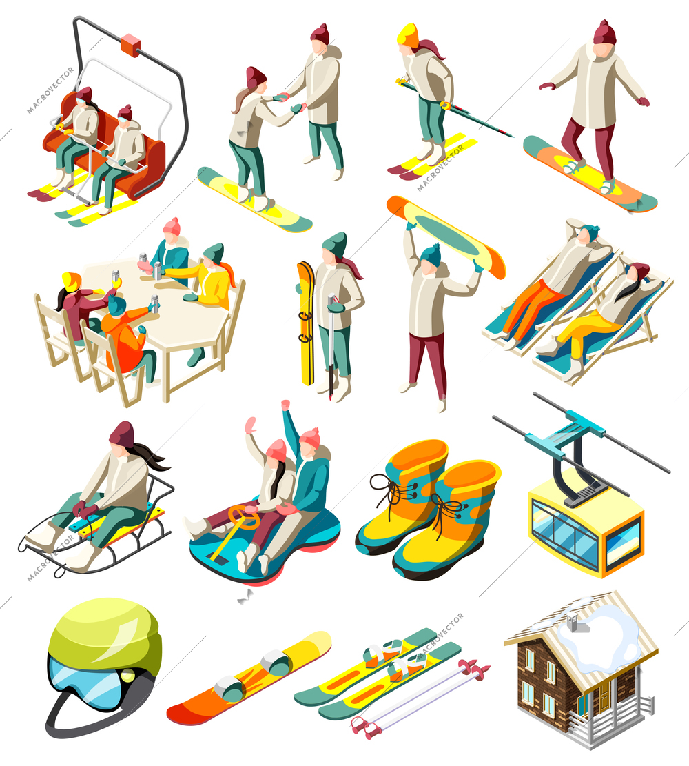 Ski resort elements set of isometric icons with skiers and snowboarders with sports equipment isolated vector illustration
