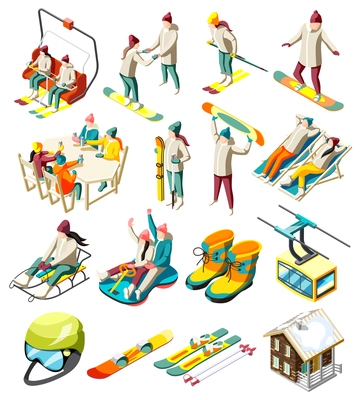 Ski resort elements set of isometric icons with skiers and snowboarders with sports equipment isolated vector illustration