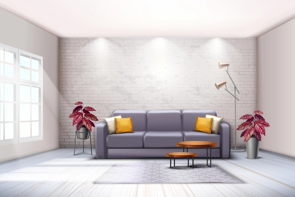 Spacious room interior with sofa floor lamps and decorative purplish tones colored leaves plants realistic vector illustration