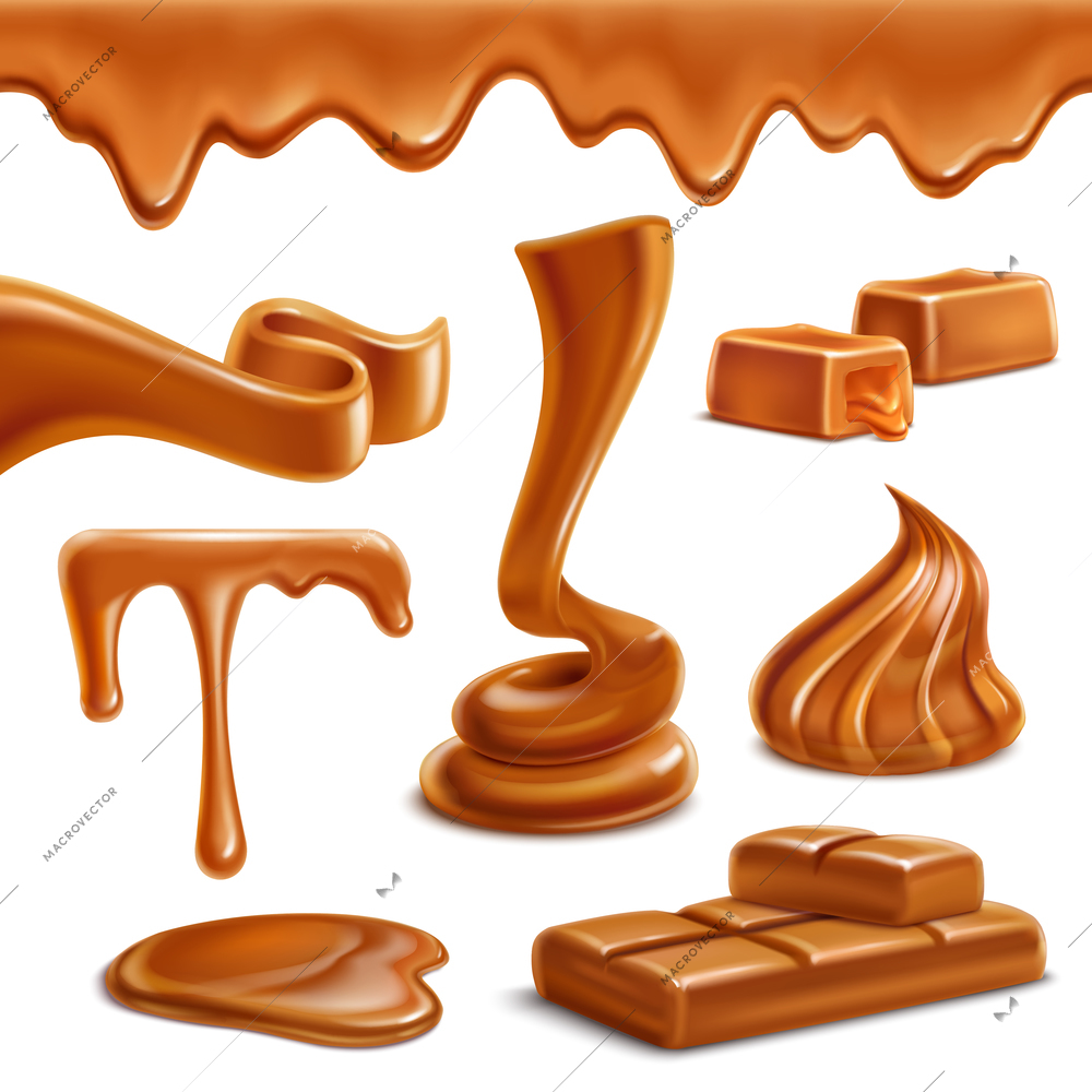 Caramel toffee melted horizontal border drops puddles appetizing spiral figures candies bar sweets realistic set vector illustration