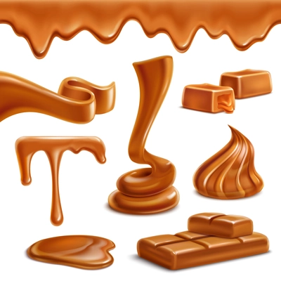 Caramel toffee melted horizontal border drops puddles appetizing spiral figures candies bar sweets realistic set vector illustration