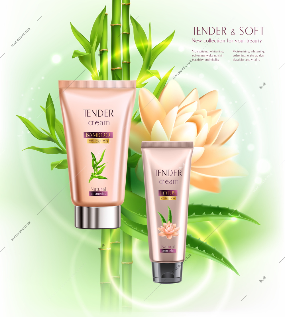 Cosmetics advertising skin softening moisturizing tender cream tubes realistic composition with lotus flower bamboo stalks vector illustration