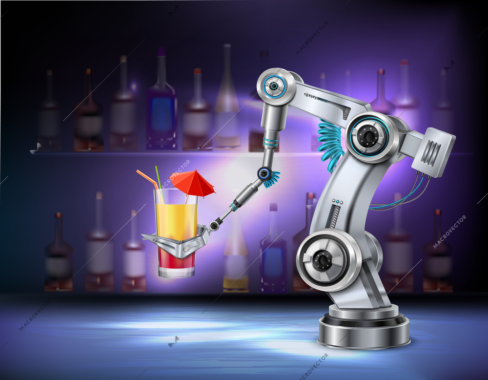 Robotic arm serving cocktail at bar cafe restaurant realistic composition with wine bottles in background vector illustration