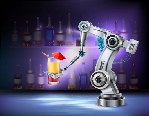 Robotic arm serving cocktail at bar cafe restaurant realistic composition with wine bottles in background vector illustration